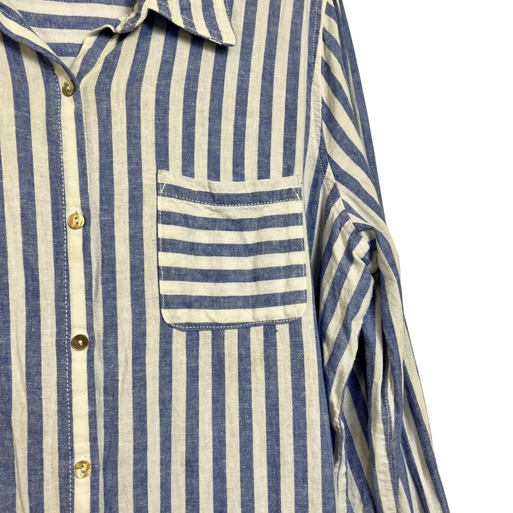 Nicole Miller‎ NY Blue White Stripe Linen Rayon Button Down Shirt  L Nautical - Picture 3 of 5